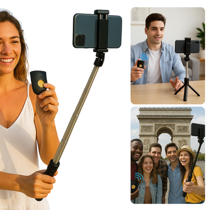 Cheqo® Selfie Stick met Bluetooth Afstandsbediening – 3-in-1 Uitschuifbare Selfiestick & Tripod Statief – Smartphone Houder – Lichtgewicht & Opvouwbaar – Voor iPhone & Android – 360° Draaibaar – Voor TikTok & Instagram