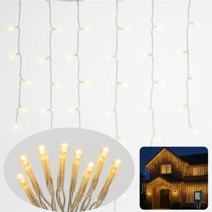 Cheqo® Ijspegel Verlichting - Ijspegelverlichting 180 LED Lampjes - Kerstverlichting Warm Wit Licht - Lichtfuncties met Timer - Transparant Snoer - 6 Meter Breed - 3 Meter Aanloopsnoer - Binnen en Buiten Gebruik - IP44 Adapter - 8 Lichtfuncties