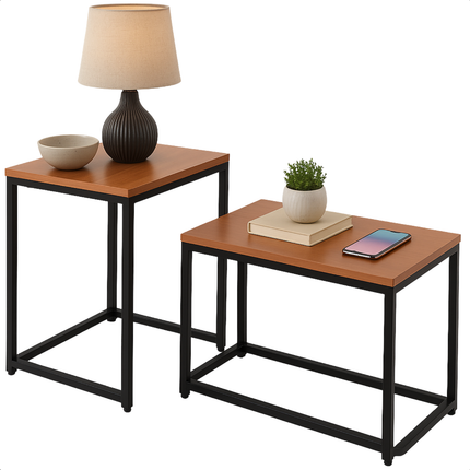 Cheqo® Industriële Bijzettafels Set - Bijzettafel Set - Bijzet Tafel - Salontafel Industrieel - Verstelbaar & In Elkaar Schuifbaar - MDF & Metaal