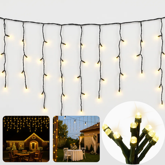 Cheqo® IJspegel Verlichting - IJspegelverlichting Buiten - Kerstverlichting Buiten - Extra Warm Wit - 160 LED’s - Koppelbare Verlichting - IP44 Beschermwaarde - Groen Snoer - Verlengset - Binnen En Buiten Geschikt - Lichtgordijn - 31V Koppelbaar