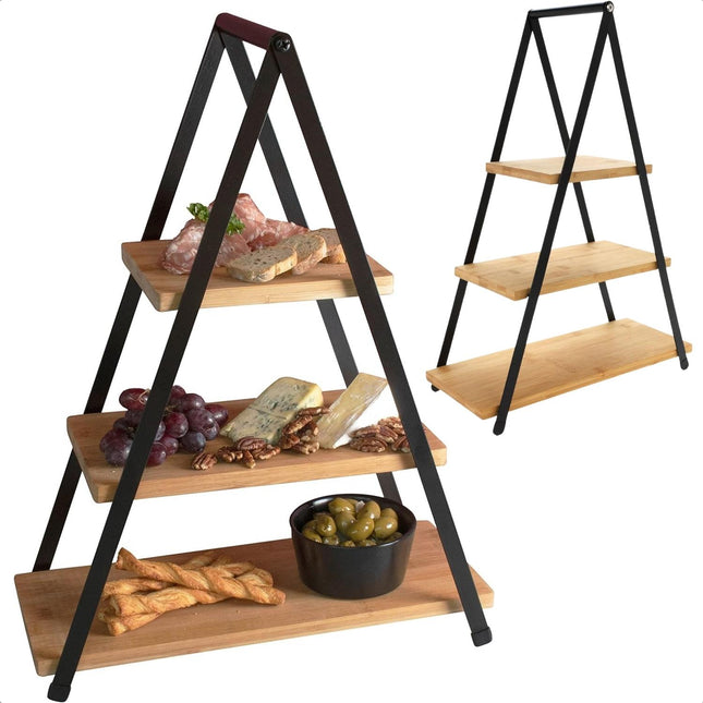 Cheqo® Robuuste Bamboe Etagere - 3 Lagen - Hoogte 53 cm - Stevig en Stijlvol Design - Serveertoren - Serveerplank - Borrelplank - Hapjesplank - Metaal - Luxe Uitvoering Etagere