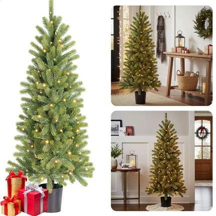 Cheqo® Kunstkerstboom Met LED-Verlichting - Kerstboom Met Timer - Nagoya Kunstkerstboom - Sfeervolle Kerstdecoratie - Compacte Kerstboom - Kerstboom Met Batterijen - Warm Wit LED-Licht - Dennenboom - Makkelijk Op Te Zetten