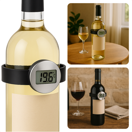Cheqo® Wijnthermometer RVS - Wijn Thermometer Digitaal - Digitale Wijn Temperatuurmeter - Voor Alle Wijnflessen