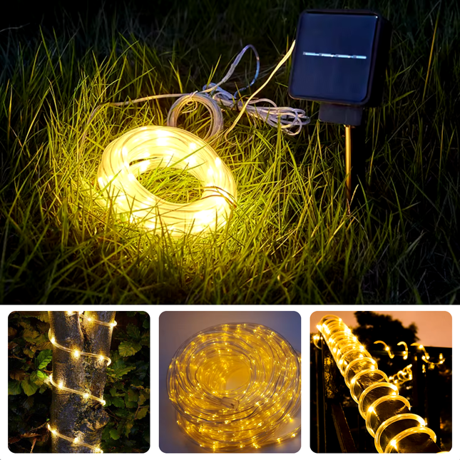 Cheqo® Solar Lichtsnoer Kerstverlichting - Kerstlampjes voor Buiten - Kerstverlichting - Warm Wit LED - 10 Meter Flexibel - Zonne-energie Tuinverlichting