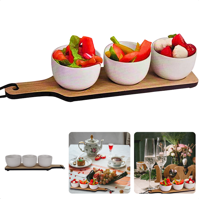 Cheqo® Tapasplank - Apero-serveer-set - 4-delig - 32x8x7cm - Bamboe - Wit - 1 Dienblad & 3 Kommetjes