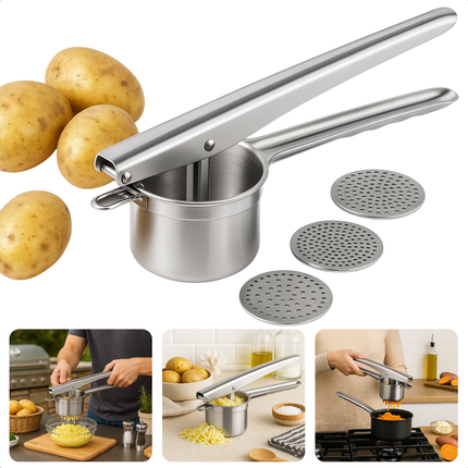 Cheqo® Aardappelpers RVS - Pureestamper - Aardappelpuree Maken - Met 3 Schijven - Eenvoudig Te Reinigen - Geschikt Voor Groenten En Fruit - 304 stainless steel - Hefboomwerking - Grof, Middel, Fijn Schijven - Multifunctionele Pers