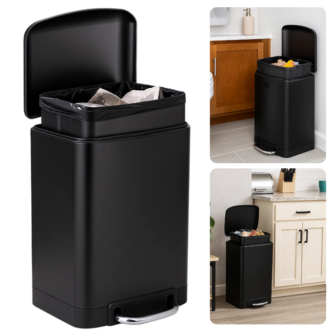 Cheqo® Pedaalemmer 12 Liter - Soft Close Mechanisme - Zwart Roestvrij Staal - Prullenbak Keuken - Prullenbak Badkamer - Prullenbak Kantoor - Vuilnisbak met Pedaal - Uitneembare Binnenbak - Geruisloos Sluiten - Afvalemmer met Deksel