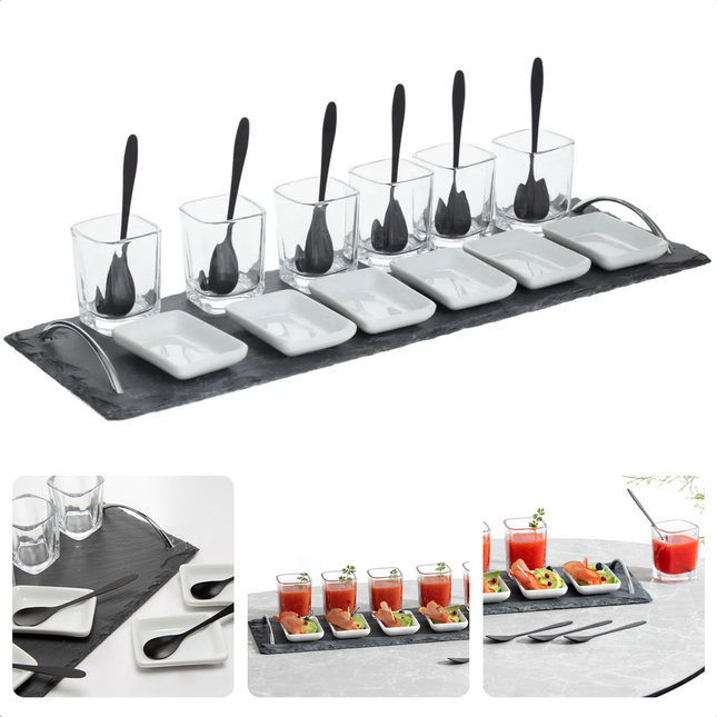 Elegant Cheqo Tapas Serveerset on Slate Tray with Glasses and Spoons, Perfect for Parties and Dining, 45 cm Borrelplank Set.