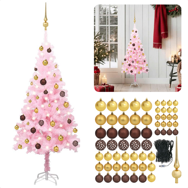 Cheqo® Roze Kerstboom - Kunstkerstboom 120 cm - Met LED Verlichting en Gouden Kerstballen - PVC