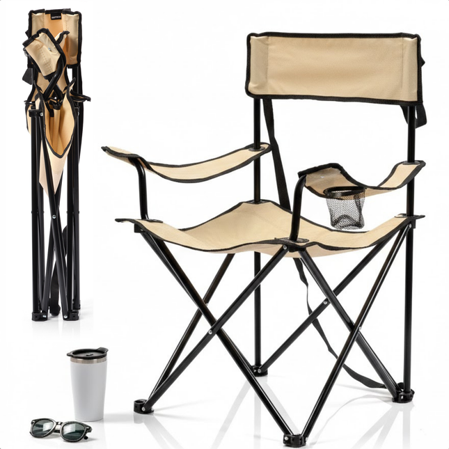 Cheqo® Opvouwbare Campingstoel - Inklapbare Campingstoel - Metalen Campingstoel - Campingstoel met Bekerhouder - Campingstoel Lichtbruin