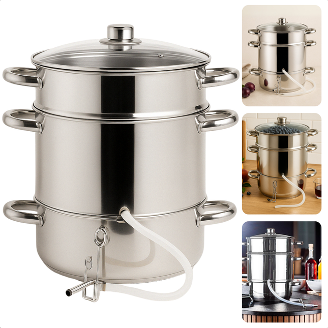 Cheqo® Ontsapper - Stoomextractor - RVS - 26 cm - Sappan - Stoompan - Geschikt voor Inductie - Glazen Deksel - Siliconen Slang