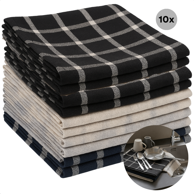 Cheqo® Theedoeken Set - Keukendoeken Set - Katoenmix - 10 Stuks - Absorbeert Goed - Drogen Van Servies - Drogen Van Glazen - Drogen Van Werkbladen - Machinewasbaar Op 30 °C - Neutraal Ontwerp - Thuisgebruik - Horeca Voorraad