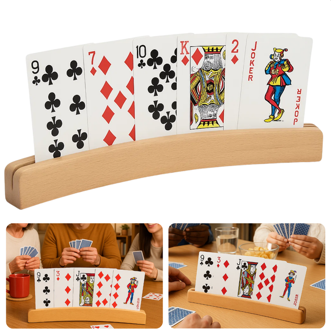 Cheqo® Houten Kaartenhouder - Spelkaarten Houder - Kaarten Overzichtelijk - Handen Vrij Tijdens Spel - Houten Spelaccessoire - Kaartenhouder Voor Tafel - Kaartenhouder Voor Bordspellen - Kaartenhouder Met Sleuf