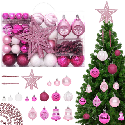 Cheqo® 108-delige Onbreekbare Kerstballen Set - Kerstballenset - Wit en Roze - Kunststof Decoratie - Lichtgewicht