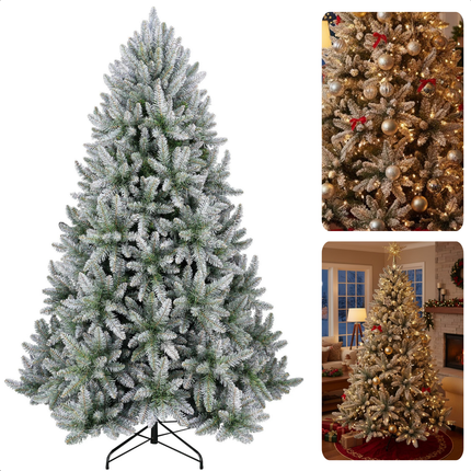 Cheqo® Kunstkerstboom - Besneeuwde Kerstboom - Groene Kerstboom - Realistische Look - Natuurgetrouwe Naaldvorm - Scharnierconstructie - Volle Kerstboom - Weelderige Boom - 180 cm Kerstboom