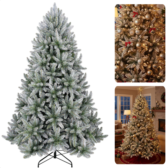 Cheqo® Kunstkerstboom - Besneeuwde Kerstboom - Groene Kerstboom - Realistische Look - Natuurgetrouwe Naaldvorm - Scharnierconstructie - Volle Kerstboom - Weelderige Boom - 180 cm Kerstboom