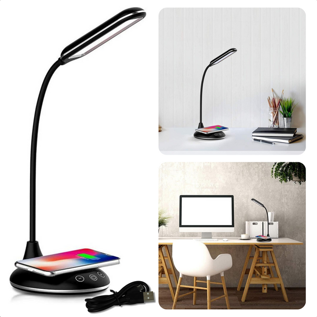 Cheqo® Dimbare LED-Bureaulamp met Flexibele Arm en Telefoonoplader - Bureauverlichting - Draadloos Opladen - Zwarte Bureaulamp - Design Verlichting - Nachtlamp - Lamp voor Nachtkastje - Leeslamp - Verstelbaar - Dimbaar - USB Aansluiting Bureaulampen