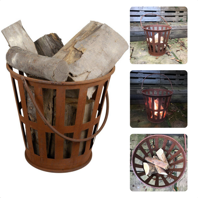 Cheqo® Tuinvuurkorf met houtblokken, hittebestendig, Ø39 cm, ideaal voor sfeervolle avonden in de tuin.