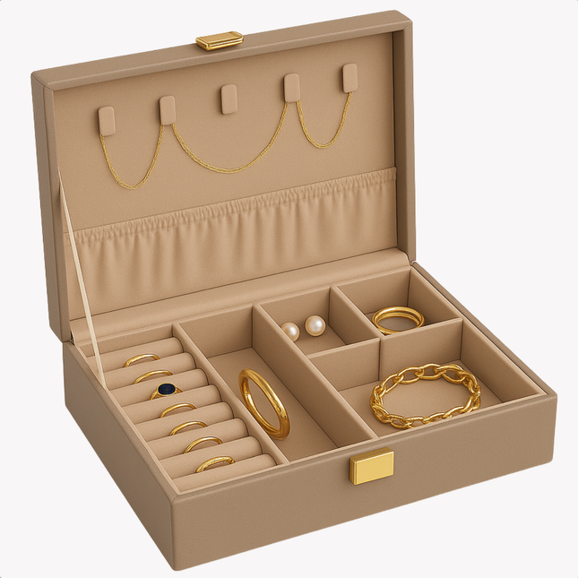 Cheqo® Sieradendoos Kunstleer - Bijouteriedoos - Sieradenkoffer - Juwelendoos - Sieraden Organizer - Taupe - Sieraden Doos - Sieradendoosje Met Kettinghaakjes en Ringklemmen
