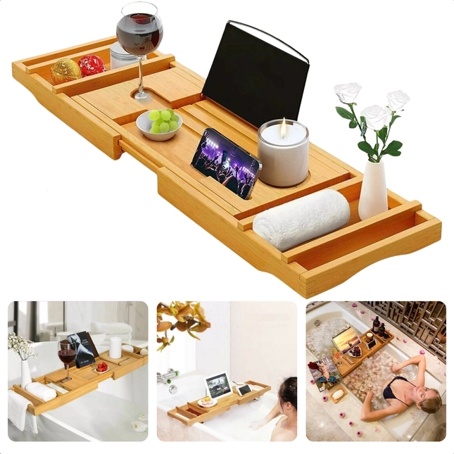 Adjustable bamboo bath tray with holders for wine, books, and phone. Elegant and durable design. Perfect for a luxurious bath experience.