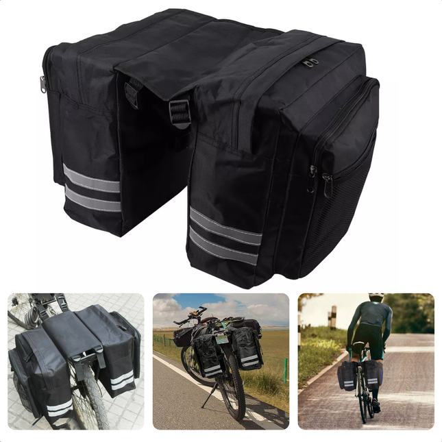 Cheqo® dubbele fietstas 30 liter met waterafstotend Oxford 600D polyester en reflectiestrepen, geschikt voor elektrische fietsen.