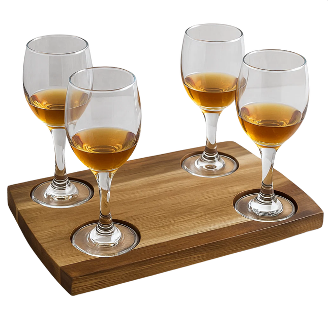 Cheqo® Whiskey Set - 5-Delig - Acacia Dienblad - Whiskey Glazen - Whiskeyglas Set - Cadeau Set - Luxe Design - Kerst Cadeau - Unieke Serveerset - Stijlvolle Presentatie - Whiskey Liefhebbers - Acacia Hout - Feestelijke Set