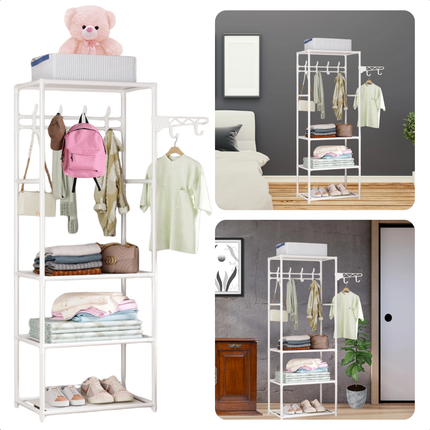 Cheqo® Metalen Kledingrek - Garderoberek - Kleerkast - Kleding Kast - Garderoberek - Kapstok - 3 Legplanken - Wit - 170 cm Hoog - Praktisch Opbergen