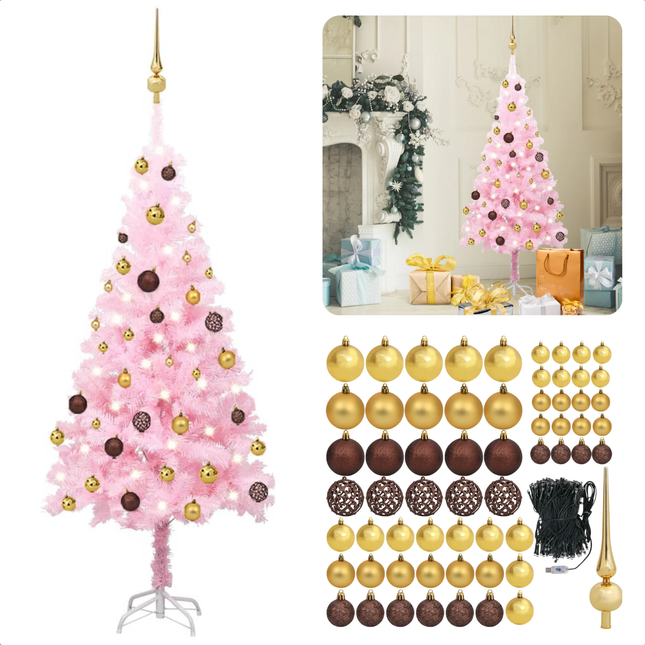 Cheqo® Roze Kerstboom - Kunstkerstboom 150 cm - Inclusief LED-Verlichting en Kerstballen - PVC en Staal