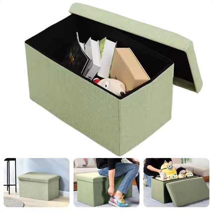 Cheqo® Opvouwbare Poef Met Opbergruimte - Groen - Grote Opbergbox - Organizer - Voetenbankje - Hocker - MDF en Katoen