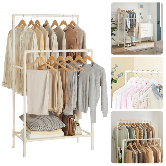 Cheqo® kledingrek met metalen frame, witte afwerking en non-woven schap, geschikt voor kleding en schoenenopslag.