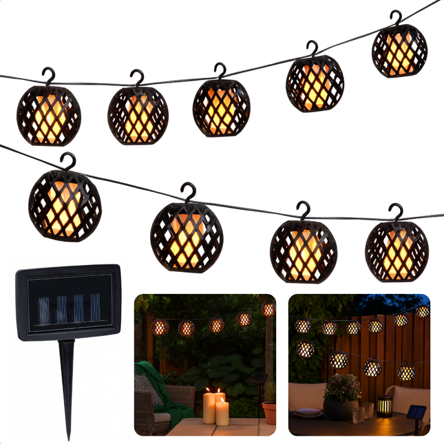 Cheqo® Solar Lichtsnoer - Tuinverlichting Op Zonne-Energie - Buitenverlichting - Sfeerverlichting Tuin - Realistisch Vlammen Effect - Met Zonnepaneel - LED Lampionnen - Batterijduur 6-8 Uur