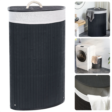 Cheqo® Bamboe Wasmand met Waszak - Hoekmodel - Wassorteerder Opvouwbaar 72L - Zwart - Met Deksel en Binnenzak
