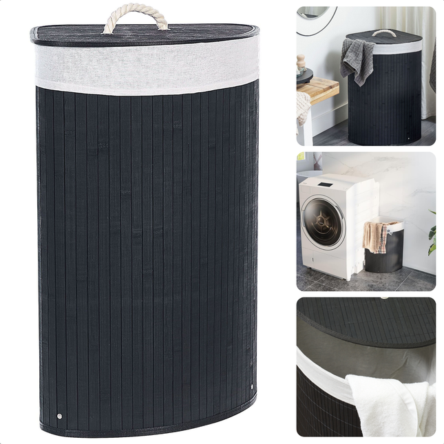Cheqo® Bamboe Wasmand met Waszak - Hoekmodel - Wassorteerder Opvouwbaar 72L - Zwart - Met Deksel en Binnenzak