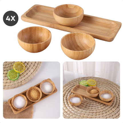 Cheqo® Bamboe Tapas Set - Serveerplank 21x7 cm - Inclusief 3 Schalen - Duurzaam Bamboe