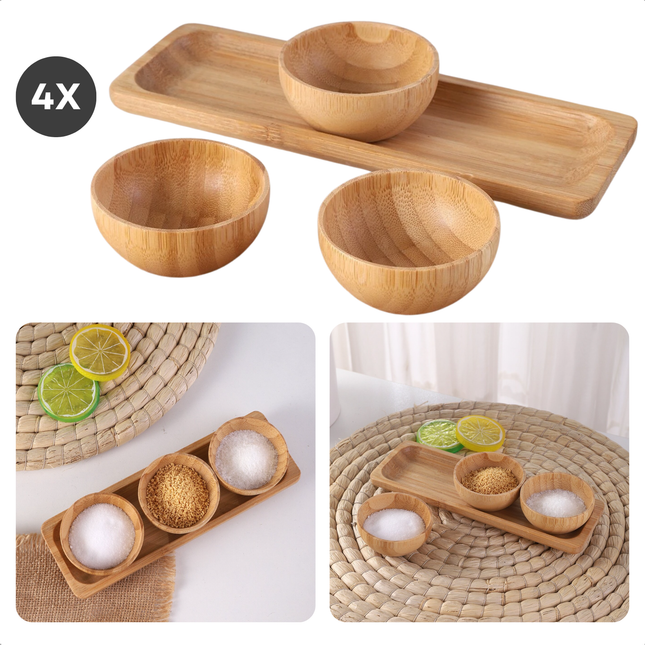 Cheqo® Bamboe Tapas Set - Serveerplank 21x7 cm - Inclusief 3 Schalen - Duurzaam Bamboe