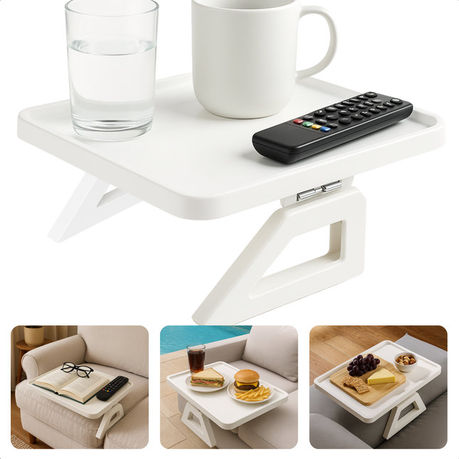 Cheqo® Armleuning Dienblad - Bamboe Materiaal - Wit Dienblad - Inklapbaar Dienblad - Antislip Functie - Banktafel Dienblad - Wit Bamboe - Dienblad Voor Bank - Dienblad Accessoire