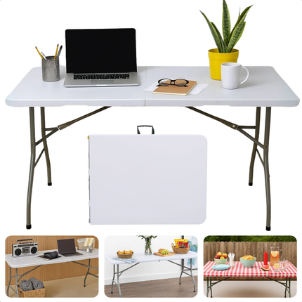 Cheqo® Opvouwbare Tafel – Inklapbare Klaptafel met Draaghandvat – Stevig Stalen Onderstel – Kunststof Tafelblad – Campingtafel - Buffettafel - Partytafel – Weerbestendig & Compact Koffermodel – Voor Binnen en Buiten