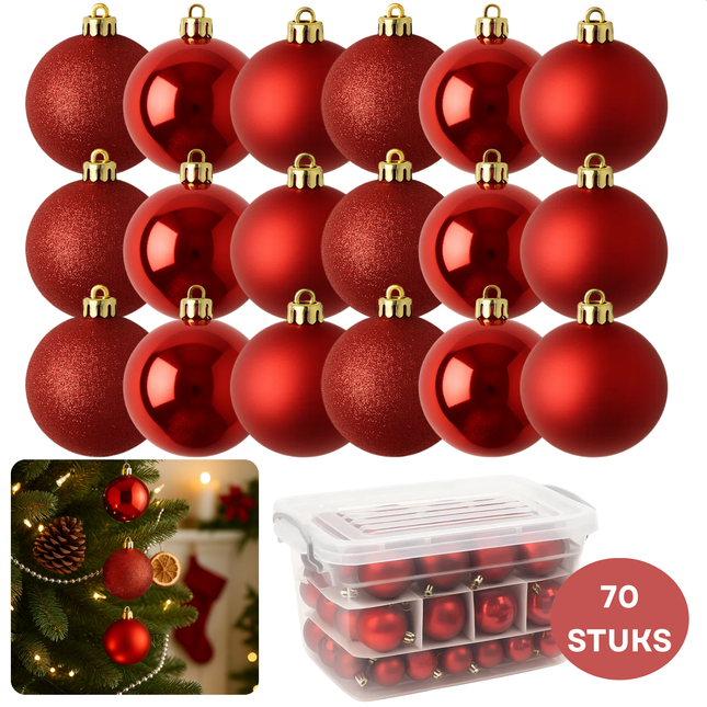 Cheqo® Rode Kerstballen Set - 70 Stuks - Kunststof Kerstballen - Kerstbal Opbergbox - Rood Kerstdecoratie - Mat Glanzend Glitter - Verschillende Uitvoeringen - Met Kerstbal Opbergbox - Opbergdoos - Afsluitbaar Deksel