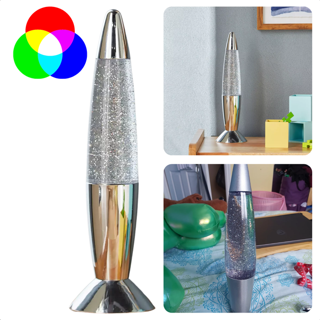 Cheqo® LED Glitterlamp - Glitter Lamp - Multicolor - Nachtlamp Kind - Sfeerverlichting 35 cm - Zilver