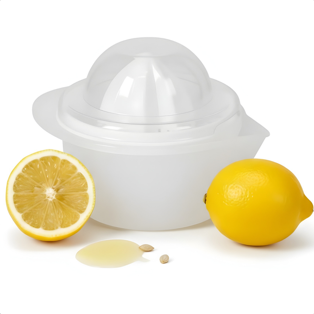 Cheqo® Citruspers - Sinaasappelpers - Citroenpers - Handmatige Citruspers - Citruspers Wit - Citruspers met Opvangbakje - Citruspers met Schenktuit - Citruspers met Zeef - Citruspers met Pittenzeef
