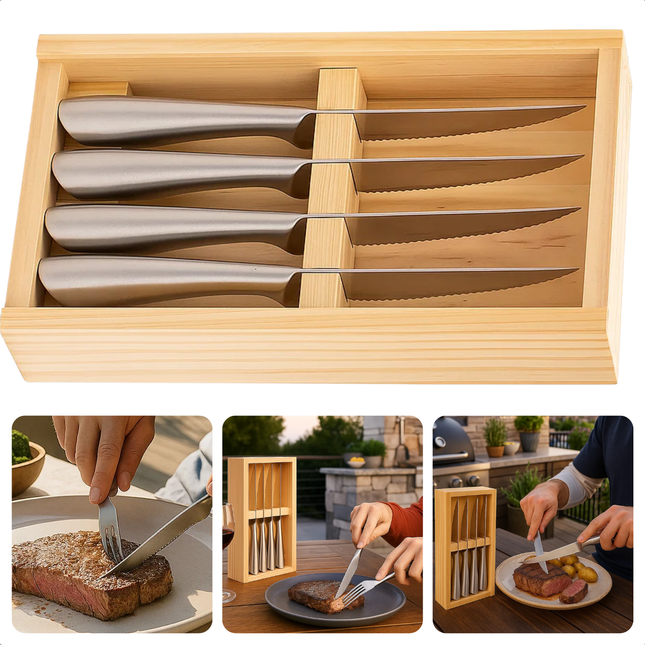 Cheqo® Steakmessen Set - Roestvrij Staal - Vaatwasserbestendig - Houten Bewaardoos - Scherpe Messen - Licht Gekarteld - 4-Delige Set - Cadeau Voor Vleesliefhebber - Keukenmessen - Steakmes 22,5 cm - RVS Steakmessen - Hersluitbare Doos