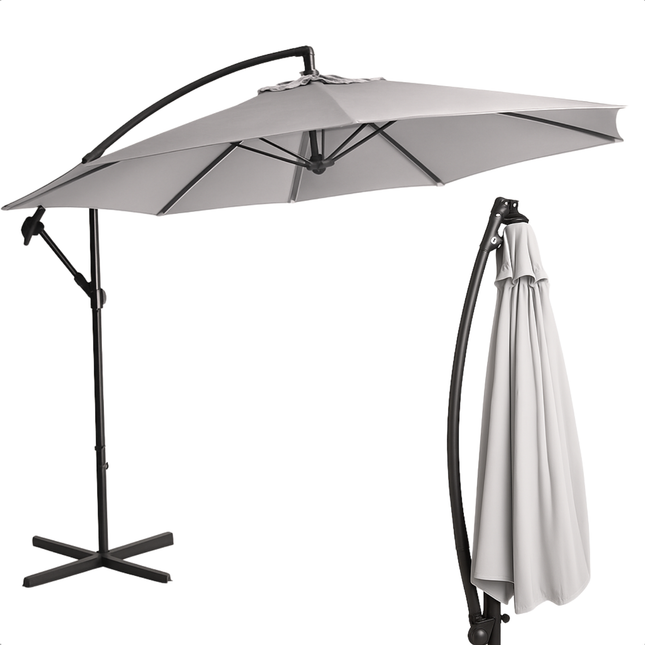 Cheqo® Zweefparasol 3M - Zweef Parasol Kantelbaar - Verstelbaar Stalen Frame - Inclusief Voet - Voor Tuin en Balkon - Grijs
