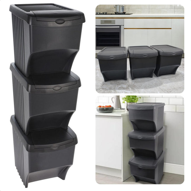 Cheqo® Set van 3 Stapelbare Recycle Prullenbakken - 22L/37x29xh33cm - 66L Totale Inhoud - 100cm Hoogte - Klep 20x12cm - Zwart - 90% Gerecycled - 4 Stickervels Afvalscheidingprullenbakken