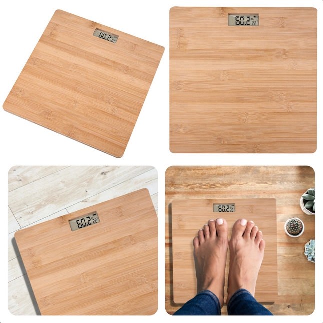 Cheqo® Duurzame Bamboe Weegschaal - Personenweegschaal - Digitale Weegschaal - Geheugenfunctie - Anti-Slip Oppervlak - Max. 180 kg - Automatisch Aan/Uit - LCD Scherm - Milieuvriendelijk Design Weegschalen