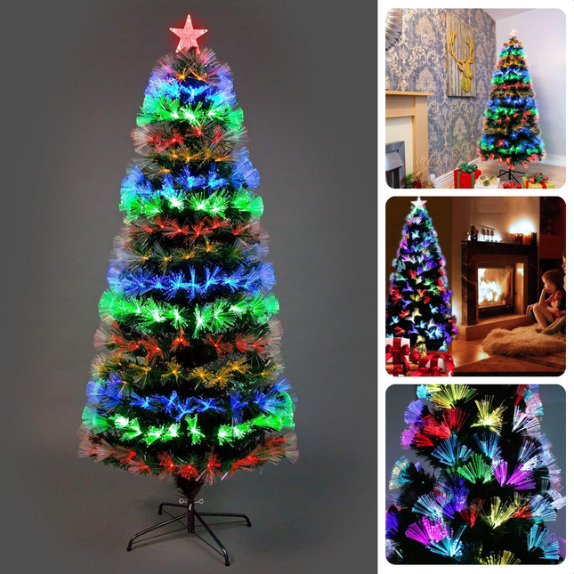 Kunstkerstboom met multicolor LED-verlichting en fiber optic technologie, 120 cm, in woonkamer op metalen standaard.