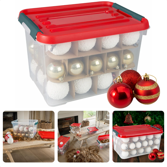 Cheqo® Kerst Opbergbox 20L - Kerstballen Opbergbox - Bewaarbox - Transparant met Clipsluitingen - Kunststof Opbergoplossing