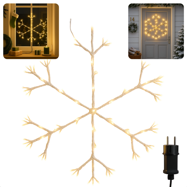 Cheqo® Verlichte Sneeuwvlok - Deurkrans - 216 Led Lampjes - Warm Wit Licht - Ø60 cm - Binnen En Buiten Gebruik - IP44 Beschermwaarde - Kerstdecoratie - Grote Sneeuwvlok - Firework Effect - 5 Meter Aansluitsnoer - Energiezuinige Verlichting