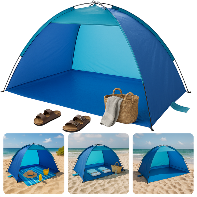 Cheqo® Strandtent UV Bescherming - Strand Tent - Blauwe Tent voor Strand - Polyester & Fiberglas