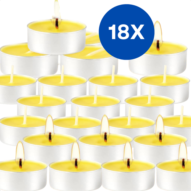 Cheqo® Citronella Kaarsen - Waxinelichtjes Citronella - Citronella Theelichten - Waxine Kaarsjes - Anti-Mug - 4 Uur Brandtijd - Set van 18 Stuks