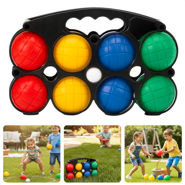 Cheqo® Jeu De Boules Set - 8 Kunststof Ballen - 4 Kleuren Ballen - Petanque Set - Kunststof Petanque - Kleurrijke Ballen - Set Van 8 - Werpspel
